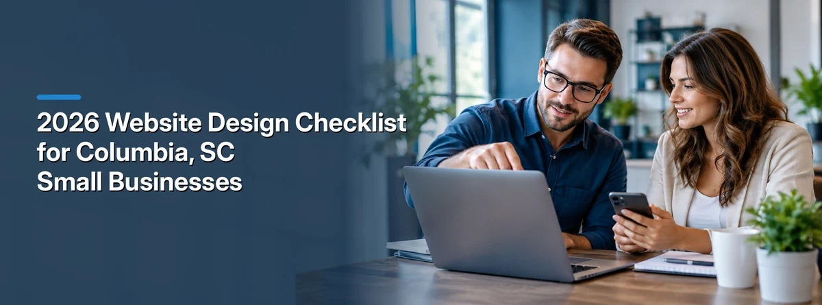 Small business owners reviewing a website design checklist on a laptop and phone.
