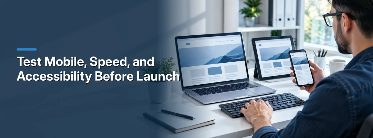 Website launch review on phone and laptop for mobile speed and accessibility