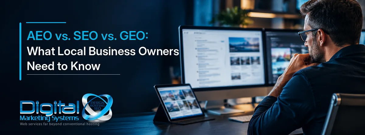 Digital marketing specialist reviewing SEO, AEO and GEO search visibility for a local business
