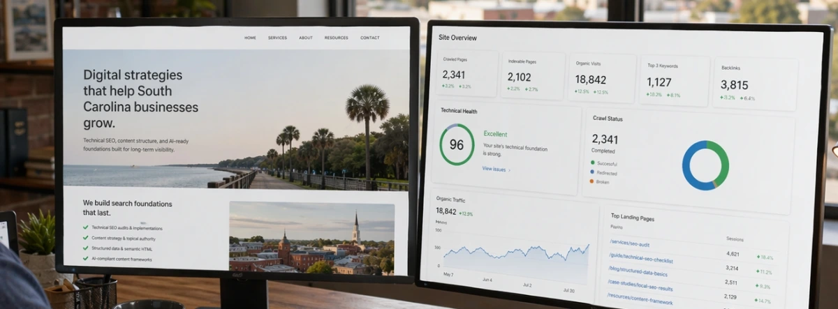 Close up of SEO analytics, keyword rankings, and internal linking dashboard on a monitor