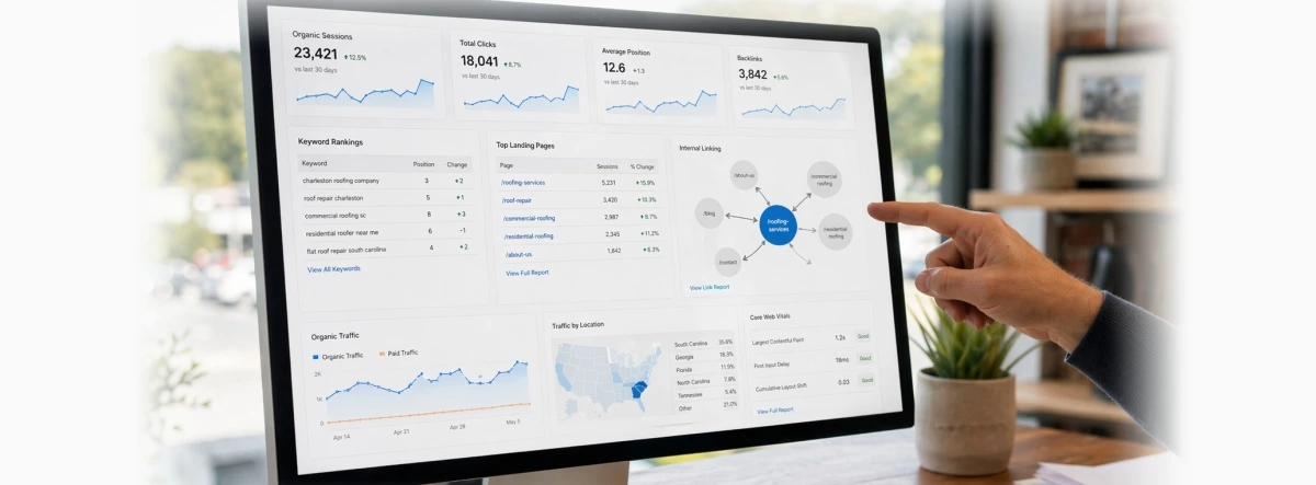 Modern office workspace showing technical SEO, clean website structure, and analytics dashboards