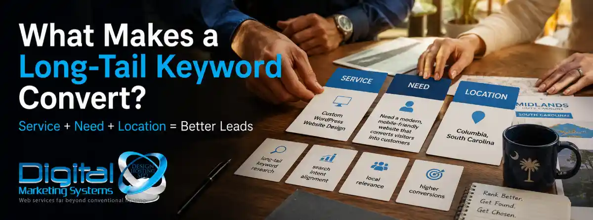 Printed service and location keyword cards arranged for a Midlands SC SEO plan