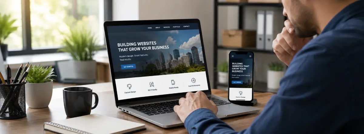 Small business website planning with laptop and mobile phone