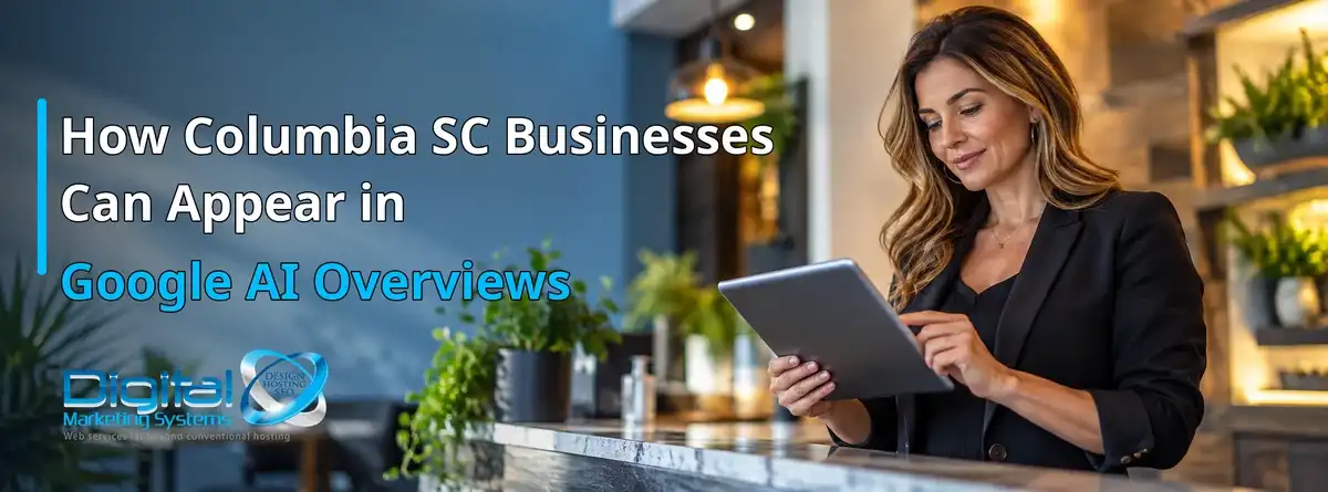 Columbia business owner using a tablet while planning visibility in Google AI Overviews