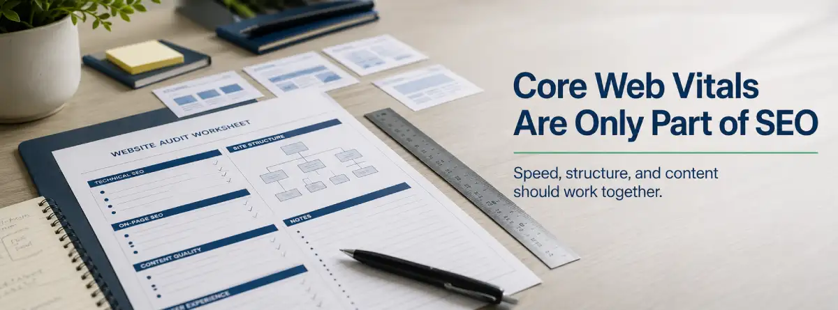 Website audit cards showing Core Web Vitals and SEO planning for a South Carolina business