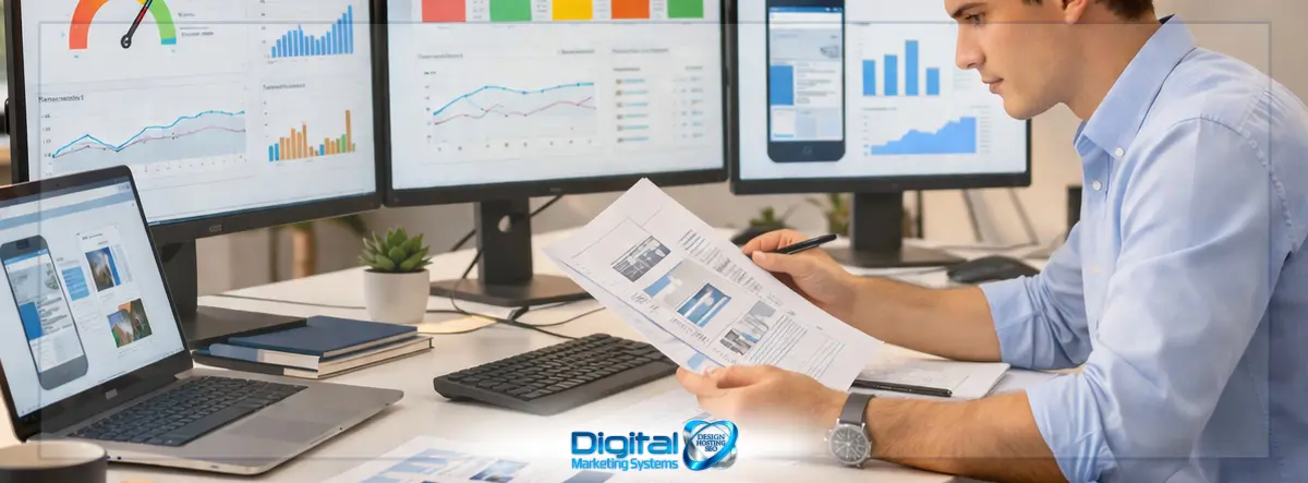 Website developer testing page speed and mobile performance for a business website