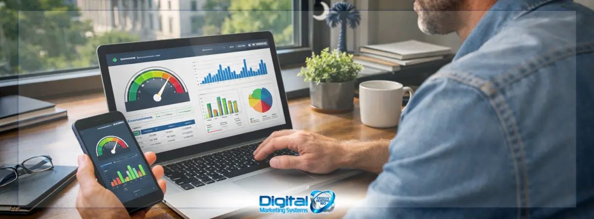 Business owner reviewing Core Web Vitals and SEO improvements on a laptop