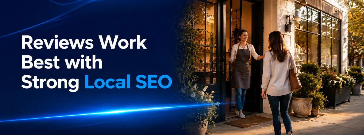 Local business welcoming a customer while strong local SEO and Google reviews support online visibility