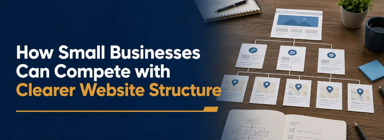 Printed local service and location cards arranged into a focused website structure