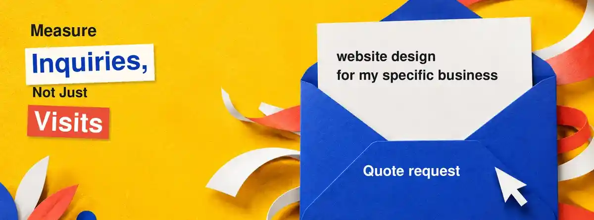 A blue envelope contains a website-design query for a specific business, illustrating a quote request.