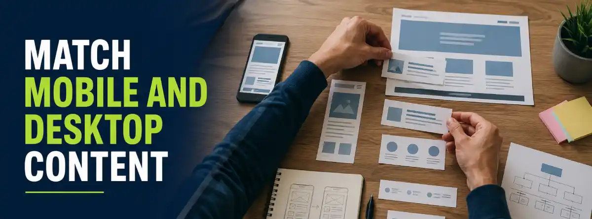 Printed website content cards arranged for mobile-first indexing and navigation planning
