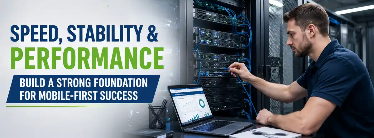Technician reviewing server performance and mobile website speed for a Columbia business