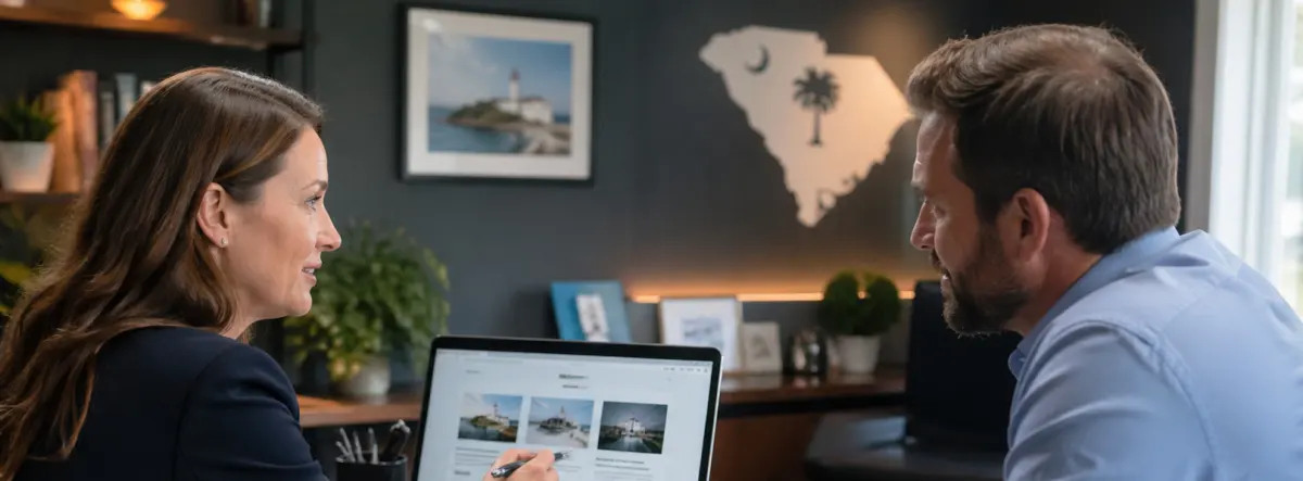 South Carolina business owner reviewing SEO blog strategy with a digital marketing consultant