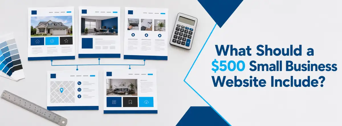 Printed page cards outlining a five-page Columbia small business website