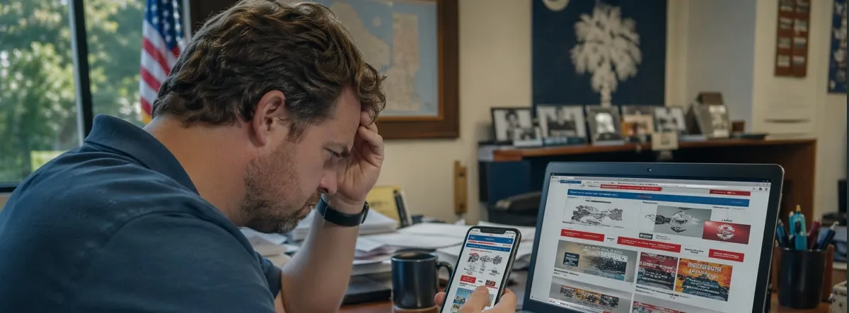 Small business owner looking at a cluttered, slow website that is hurting local SEO