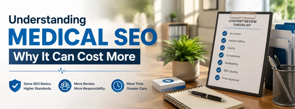 Medical SEO content review checklist showing keyword research, website optimization, approval steps, and healthcare content planning