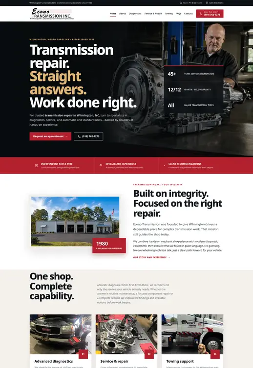 Web Design Portfolio - Econo Transmission Web design portfolio screenshot for Econo Transmission in Wilmington, North Carolina