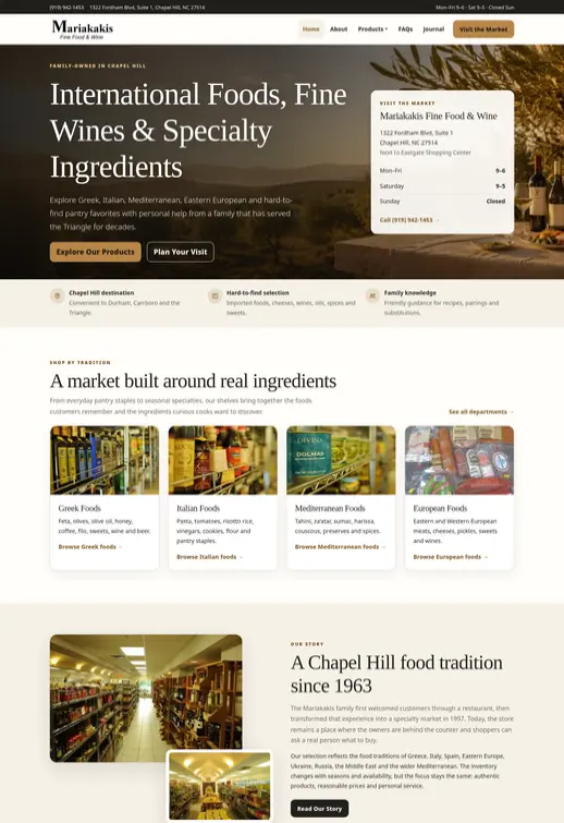 Web design portfolio screenshot for Mariakakis Fine Food and Wine in Chapel Hill, North Carolina